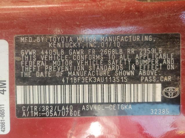 4T1BF3EK3AU113515 - 2010 TOYOTA CAMRY BASE წითელი ფოტო 12