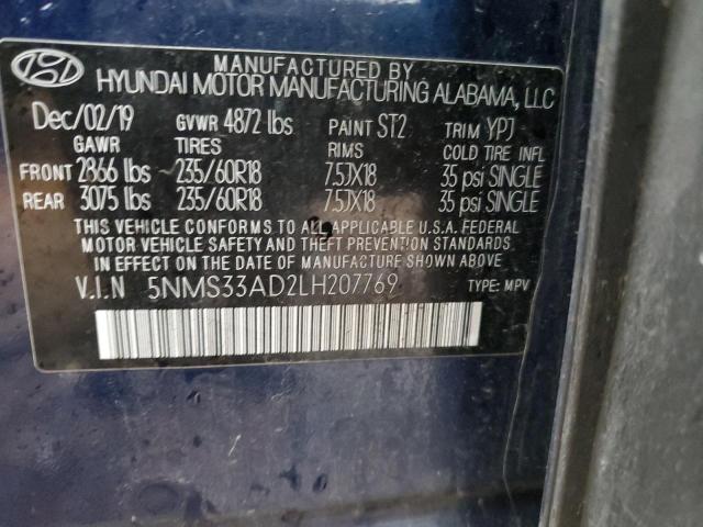 5NMS33AD2LH207769 - 2020 HYUNDAI SANTA FE SEL Կապույտ լուսանկար 14