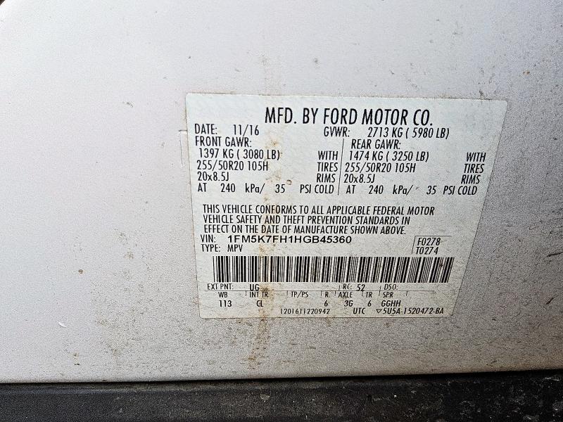 1FM5K7FH1HGB45360 - 2017 FORD EXPLORER LIMITED 白色 照片 13