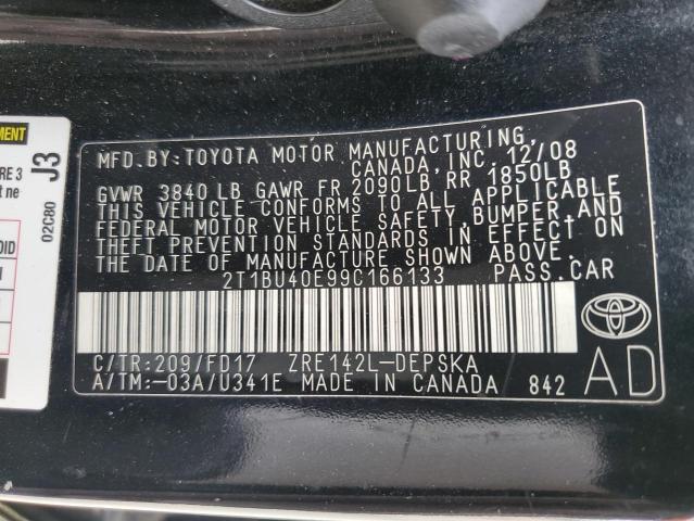 2T1BU40E99C166133 - 2009 TOYOTA COROLLA BASE BLACK photo 12