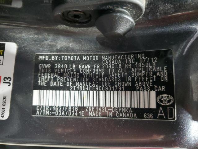 2T1BU4EE9CC901791 - 2012 TOYOTA COROLLA BASE GRAY photo 12