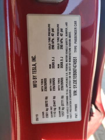 5YJ3E1EB0KF474551 - 2019 TESLA MODEL 3 Красный фото 12