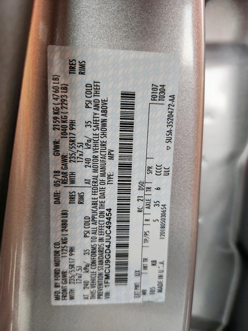 1FMCU9GD4JUC49454 - 2018 FORD ESCAPE SE ვერცხლისფერი ფოტო 13