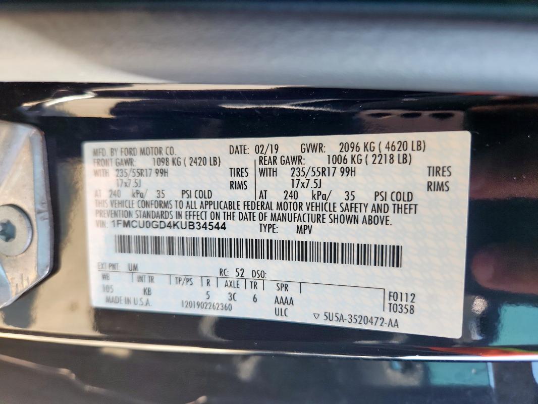 1FMCU0GD4KUB34544 - 2019 FORD ESCAPE SE შავი ფოტო 14