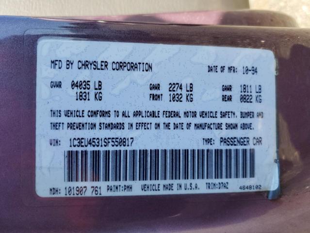 1C3EU4531SF550817 - 1995 CHRYSLER LEBARON GTC PURPLE photo 12