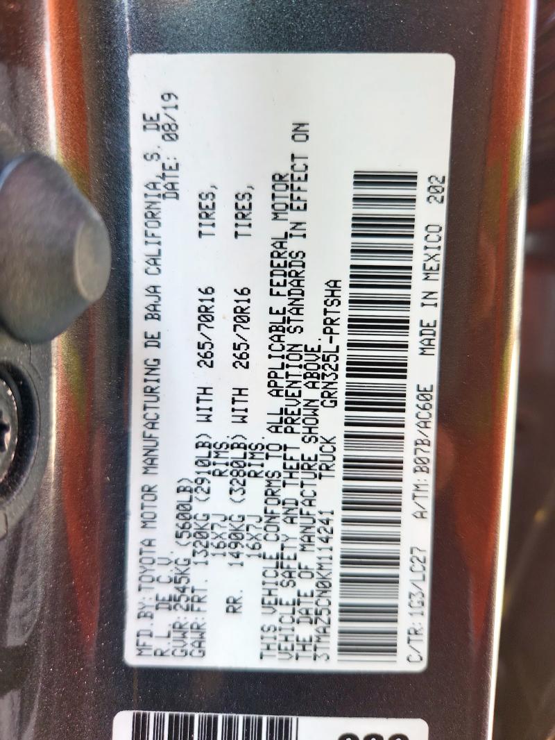 3TMAZ5CN0KM114241 - 2019 TOYOTA TACOMA DOUBLE CAB Graphite photo 12