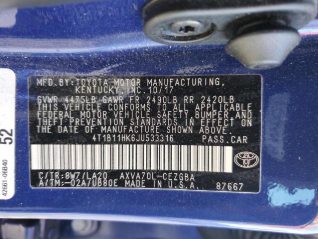 4T1B11HK6JU533316 - 2018 TOYOTA CAMRY L Mavi foto 12