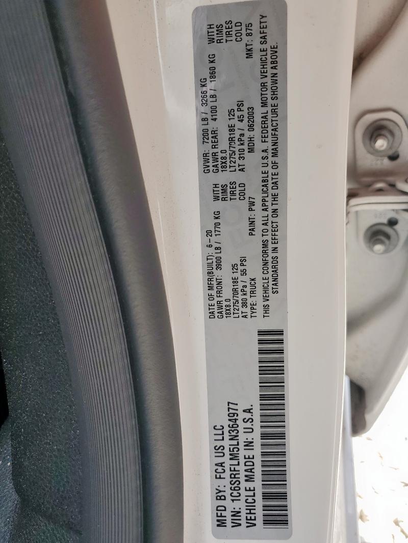 1C6SRFLM5LN364977 - 2020 RAM 1500 REBEL WHITE photo 12