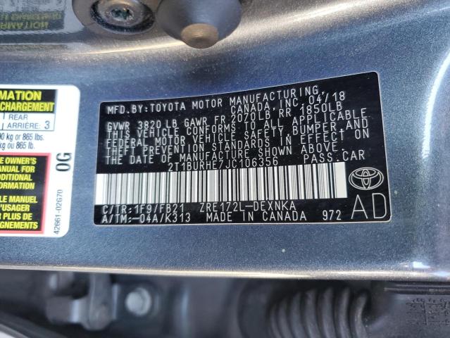 2T1BURHE7JC106356 - 2018 TOYOTA COROLLA L CHARCOAL photo 12