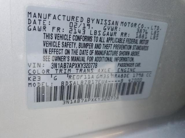 3N1AB7APXKY320778 - 2019 NISSAN SENTRA S 银色 照片 13