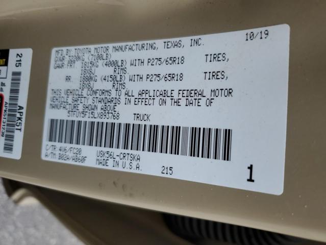 5TFUY5F15LX893768 - 2020 TOYOTA TUNDRA DOUBLE CAB SR/SR5 TAN photo 12