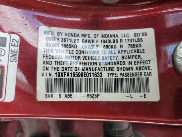 19XFA16599E011633 - 2009 HONDA CIVIC LX RED photo 13