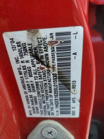 1HGES16355L015933 - 2005 HONDA CIVIC DX VP Rojo foto 12