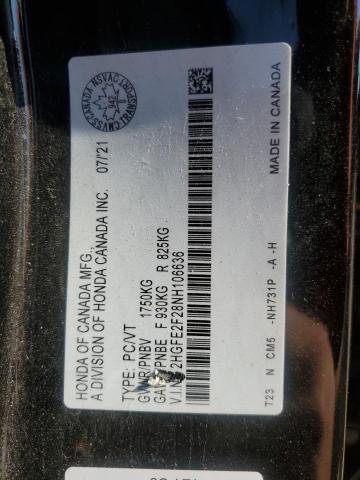 2HGFE2F28NH106636 - 2022 HONDA CIVIC LX BLACK photo 13