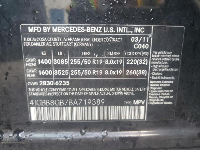 4JGBB8GB7BA719389 - 2011 MERCEDES-BENZ ML 350 4MATIC BLACK photo 13