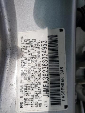 JHMFA36236S024953 - 2006 HONDA CIVIC HYBRID SILVER photo 12
