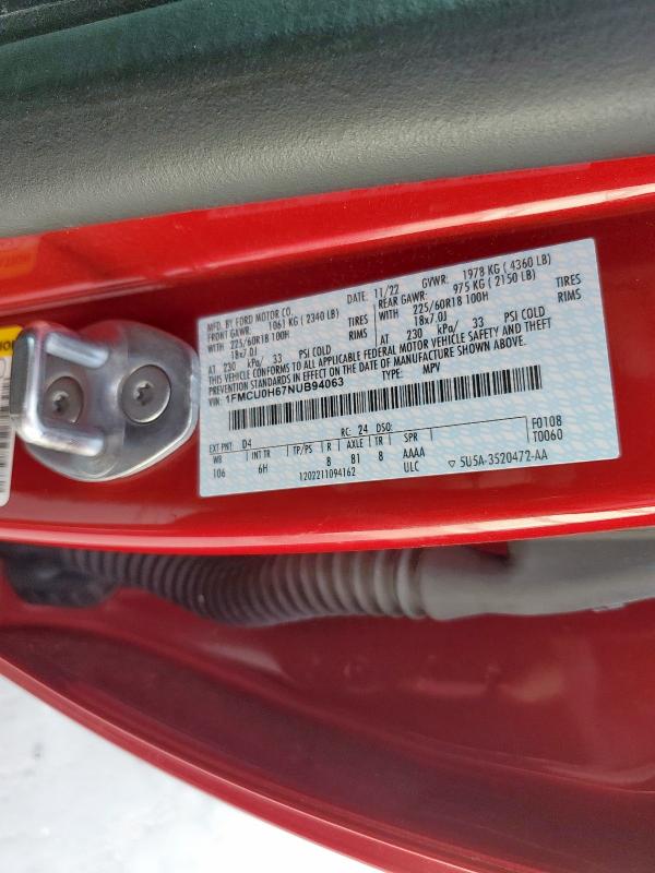 1FMCU0H67NUB94063 - 2022 FORD ESCAPE SEL RED photo 12