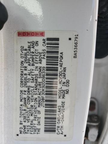 JTDBF30K920086339 - 2002 TOYOTA CAMRY LE WHITE photo 12