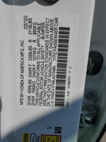 1HGCV1F54LA070480 - 2020 HONDA ACCORD EXL WHITE photo 12