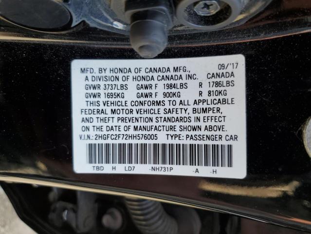 2HGFC2F72HH576005 - 2017 HONDA CIVIC EX BLACK photo 12