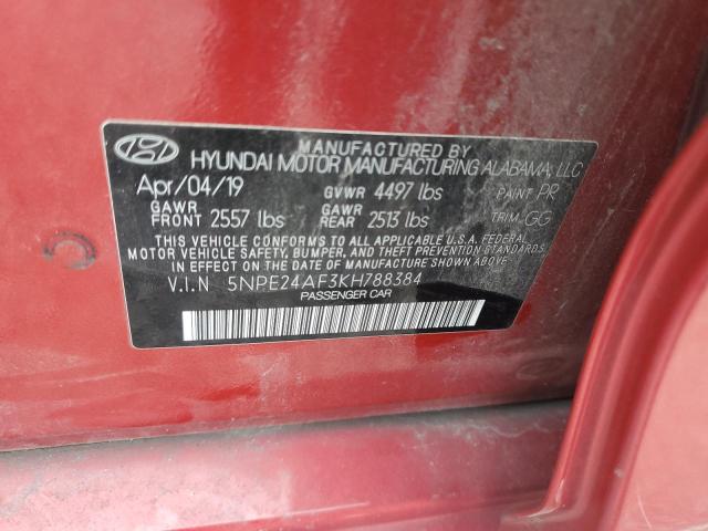 5NPE24AF3KH788384 - 2019 HYUNDAI SONATA SE 勃艮第红 照片 12