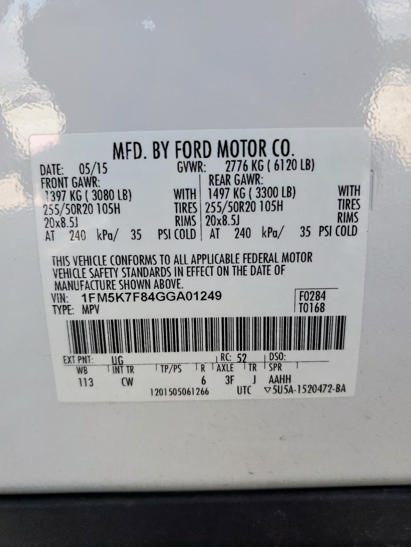 1FM5K7F84GGA01249 - 2016 FORD EXPLORER LIMITED WHITE photo 13