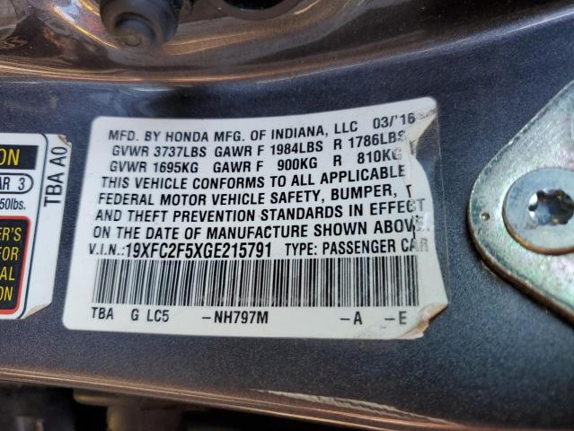 19XFC2F5XGE215791 - 2016 HONDA CIVIC LX GRAY photo 12