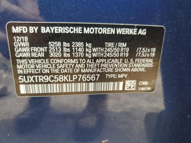 5UXTR9C58KLP76567 - 2019 BMW X3 XDRIVE30I BLUE photo 13