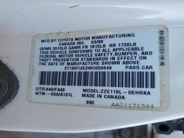 2T1BR12E2WC059949 - 1998 TOYOTA COROLLA VE WHITE photo 12