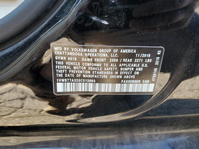 1VWBT7A32GC013663 - 2016 VOLKSWAGEN PASSAT SE შავი ფოტო 12
