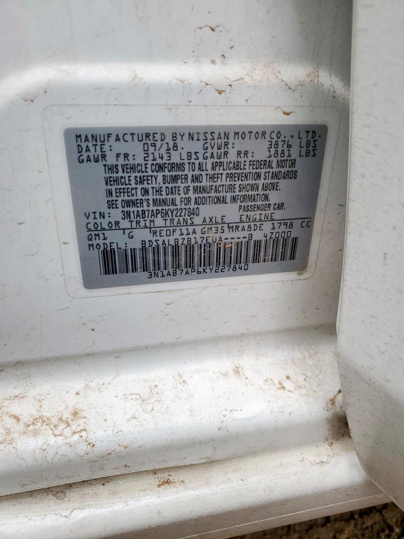 3N1AB7AP6KY227840 - 2019 NISSAN SENTRA S WHITE photo 12