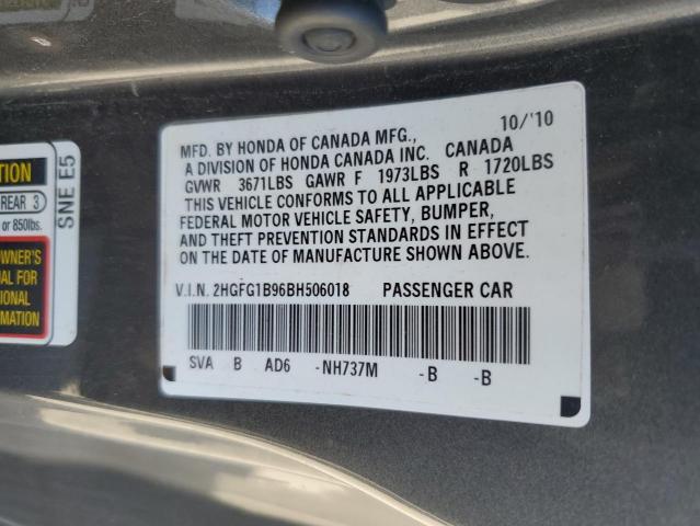 2HGFG1B96BH506018 - 2011 HONDA CIVIC EXL 灰色 照片 12
