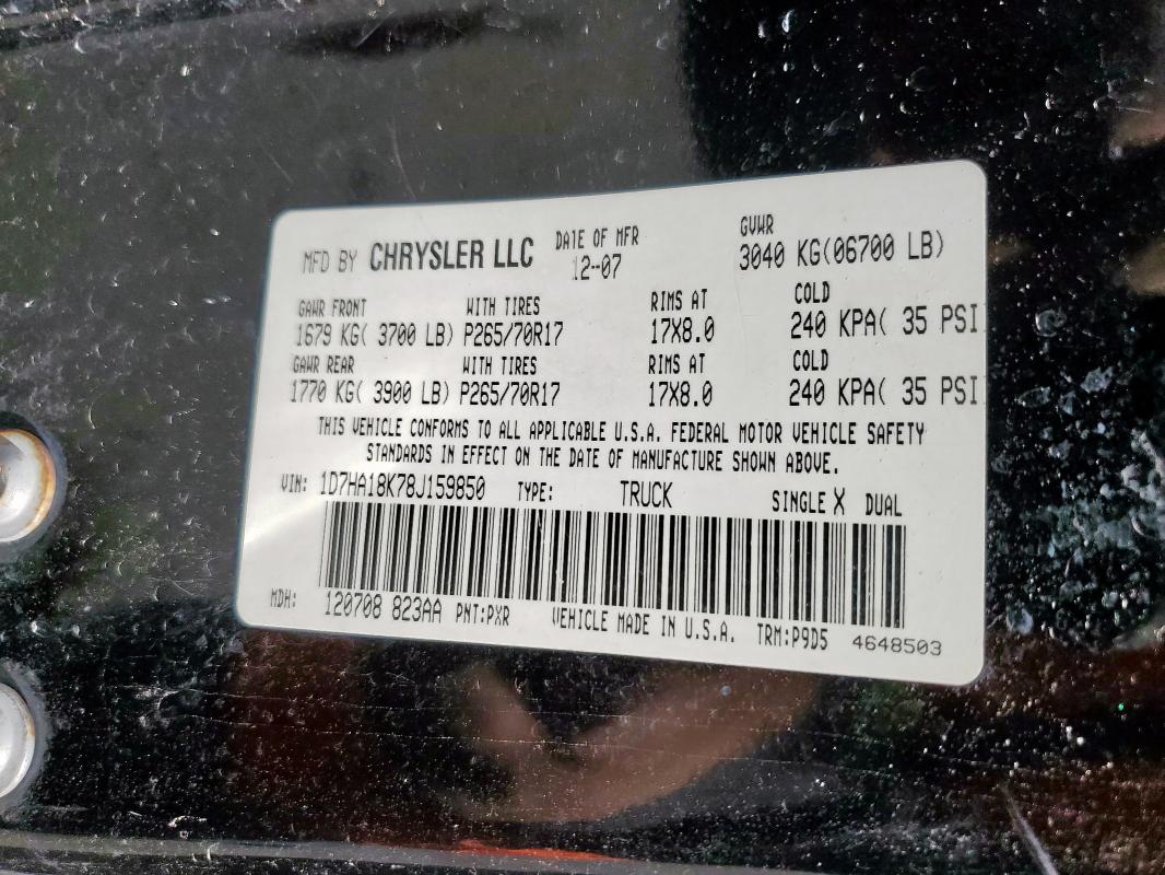 1D7HA18K78J159850 - 2008 DODGE RAM 1500 ST BLACK photo 12