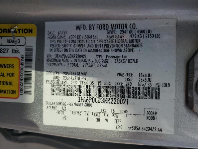 3FA6P0CD3KR220021 - 2019 FORD FUSION SEL فضي صورة 12