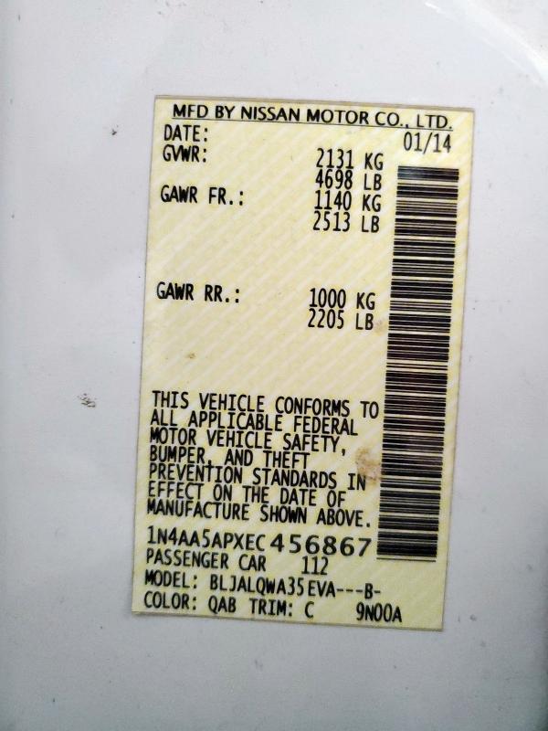 1N4AA5APXEC456867 - 2014 NISSAN MAXIMA S WHITE photo 12