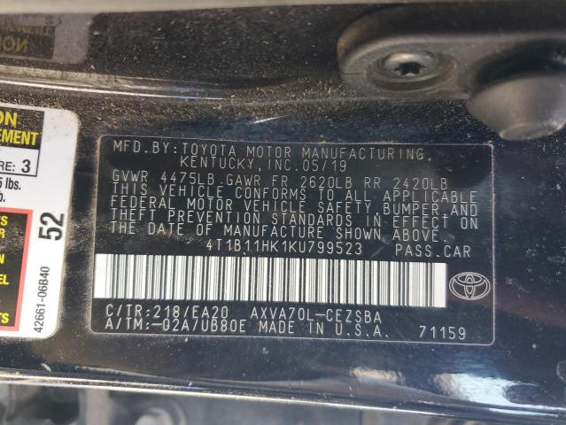 4T1B11HK1KU799523 - 2019 TOYOTA CAMRY L BLACK photo 12
