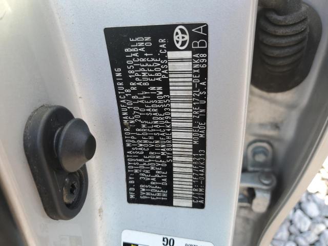 5YFBURHE4KP903553 - 2019 TOYOTA COROLLA L 银色 照片 12