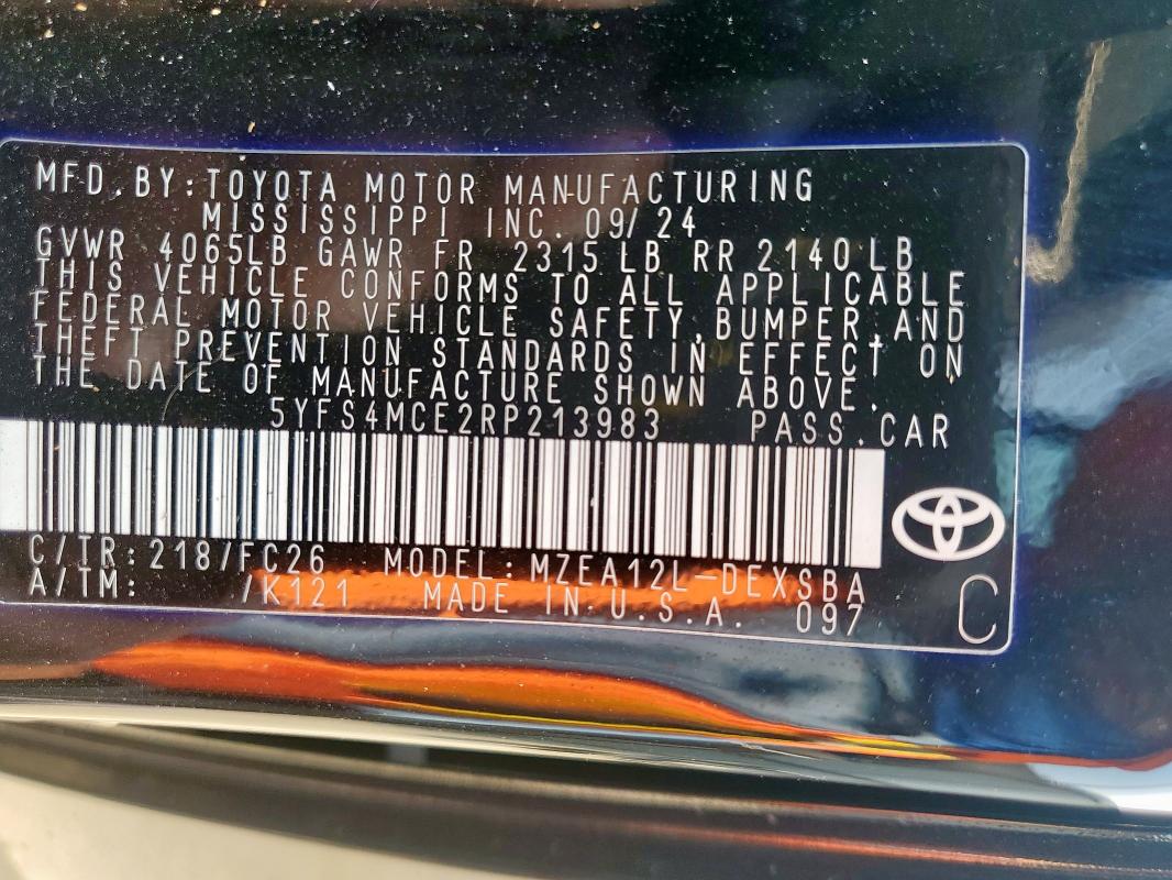 5YFS4MCE2RP213983 - 2024 TOYOTA COROLLA SE Noir photo 12