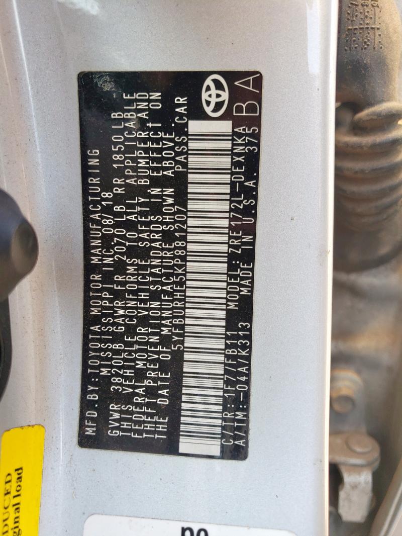 5YFBURHE5KP881207 - 2019 TOYOTA COROLLA L SILVER photo 12