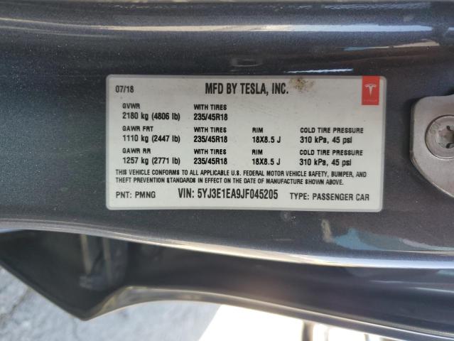 5YJ3E1EA9JF045205 - 2018 TESLA MODEL 3 GRAY photo 13