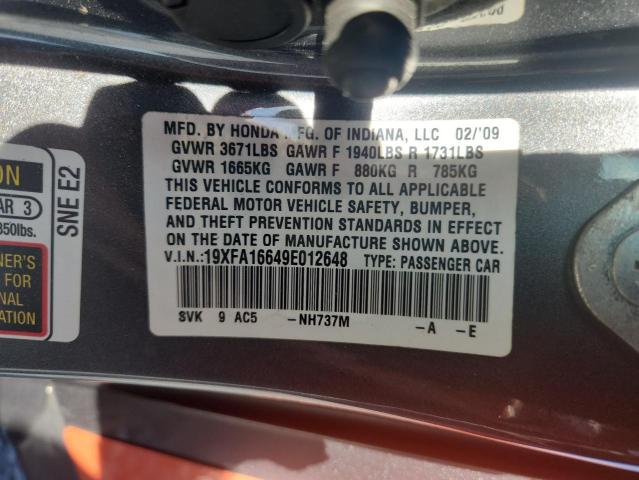 19XFA16649E012648 - 2009 HONDA CIVIC LX-S Gris photo 12