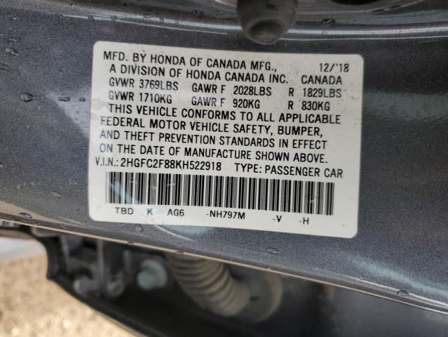 2HGFC2F88KH522918 - 2019 HONDA CIVIC SPORT GRAY photo 12