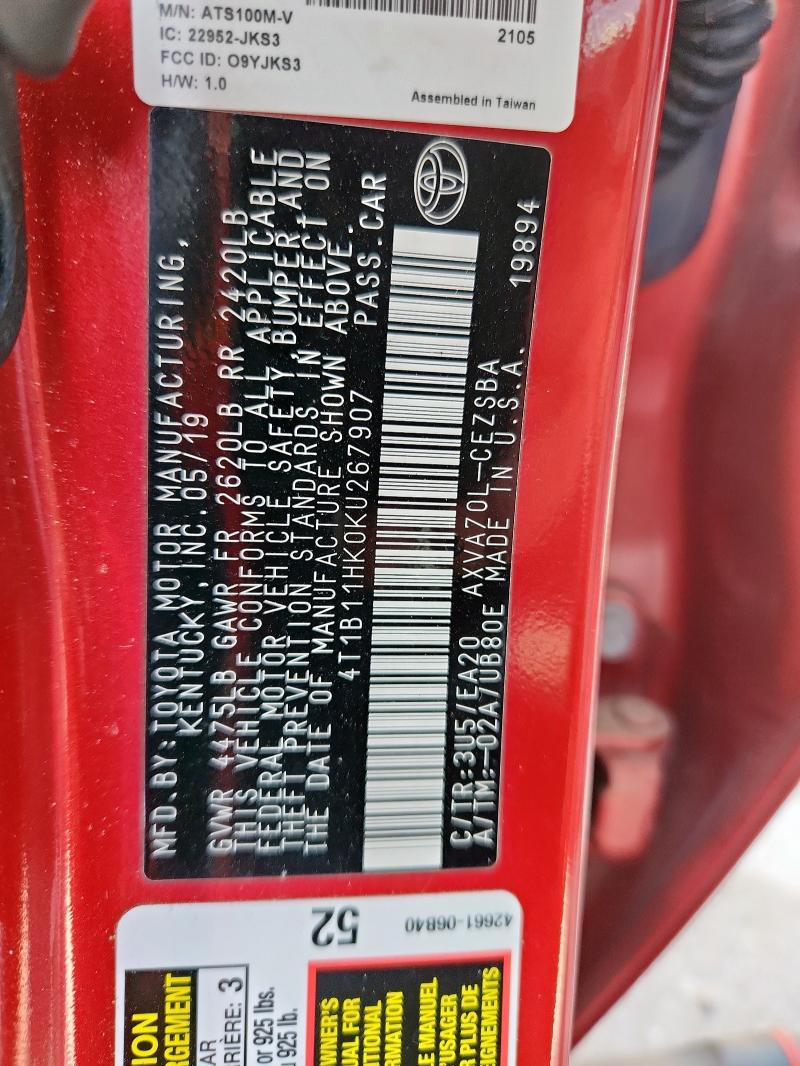 4T1B11HK0KU267907 - 2019 TOYOTA CAMRY L Бордовый фото 12