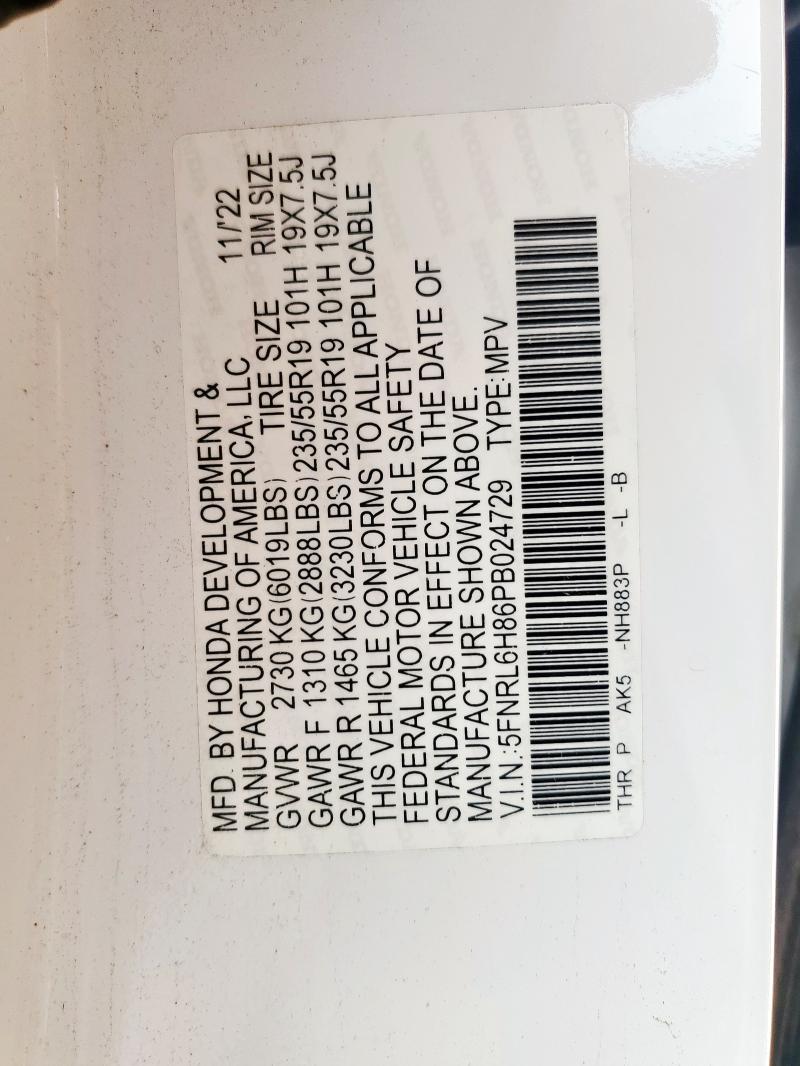 5FNRL6H86PB024729 - 2023 HONDA ODYSSEY TOURING Weiß Foto 13