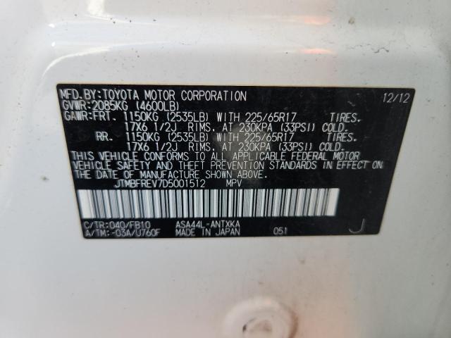 JTMBFREV7D5001512 - 2013 TOYOTA RAV4 LE WHITE photo 12