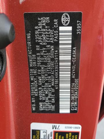 4T1BE46KX9U349114 - 2009 TOYOTA CAMRY BASE Կարմիր լուսանկար 12