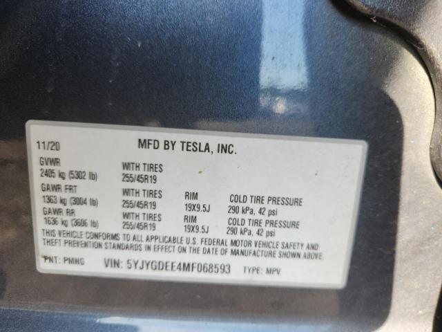 5YJYGDEE4MF068593 - 2021 TESLA MODEL Y Մոխրագույն լուսանկար 12