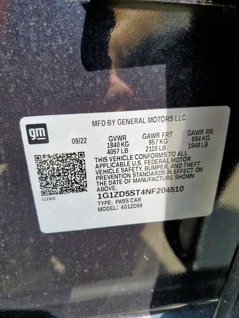 1G1ZD5ST4NF204510 - 2022 CHEVROLET MALIBU LT CHARCOAL photo 12