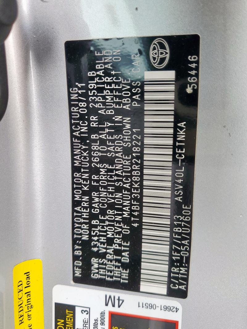 4T4BF3EK8BR218221 - 2011 TOYOTA CAMRY BASE SILVER photo 13