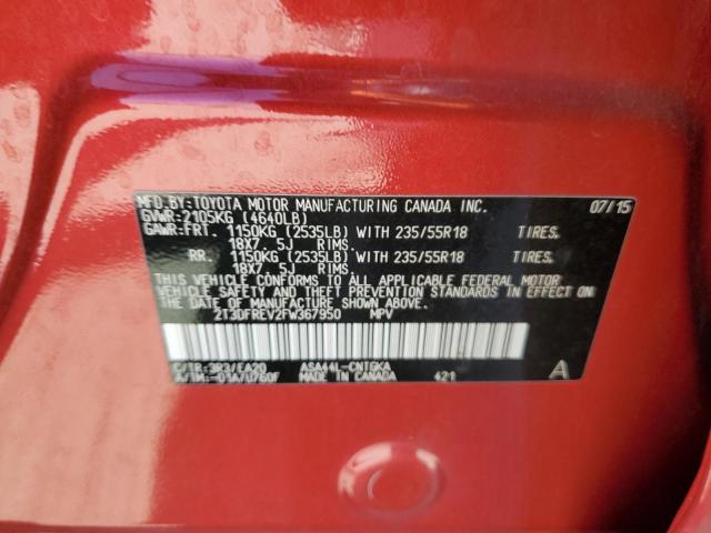 2T3DFREV2FW367950 - 2015 TOYOTA RAV4 LIMITED RED photo 12